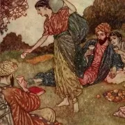 A paining of people sitting on grass enjoying a leisurely time