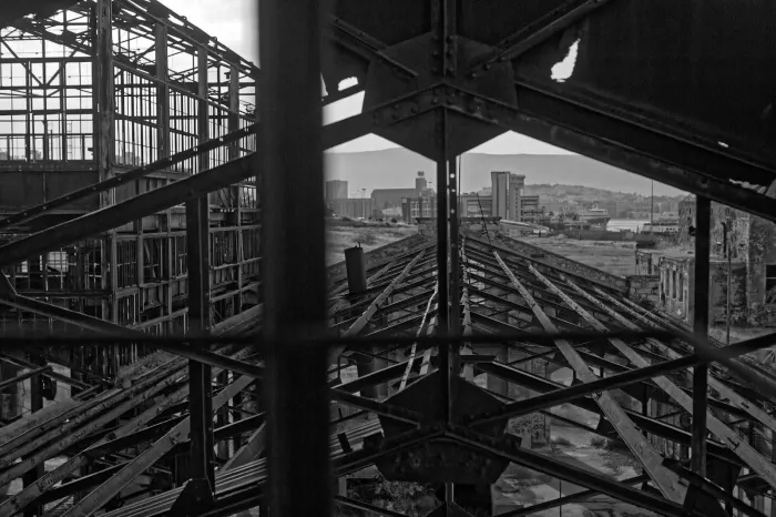 Black and white photo of a factory