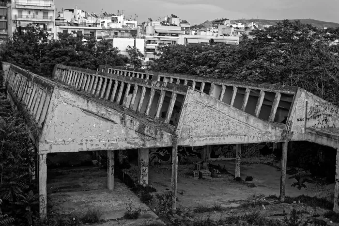 black and white image of an abandoned building
