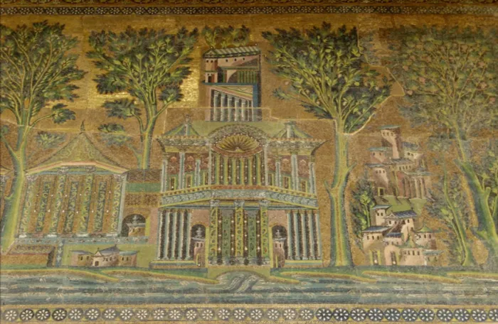 A mosaic artwork showing a house surrounded by trees, showcasing vibrant colours and intricate details