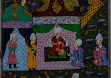 Hand-painted illustration of people standing on red green and yellow area rug