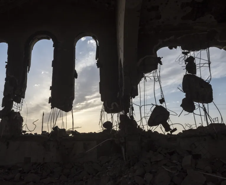 Interior damage to an Armenian church in Mosul, Iraq, destroyed during the ISIS occupation of the city.